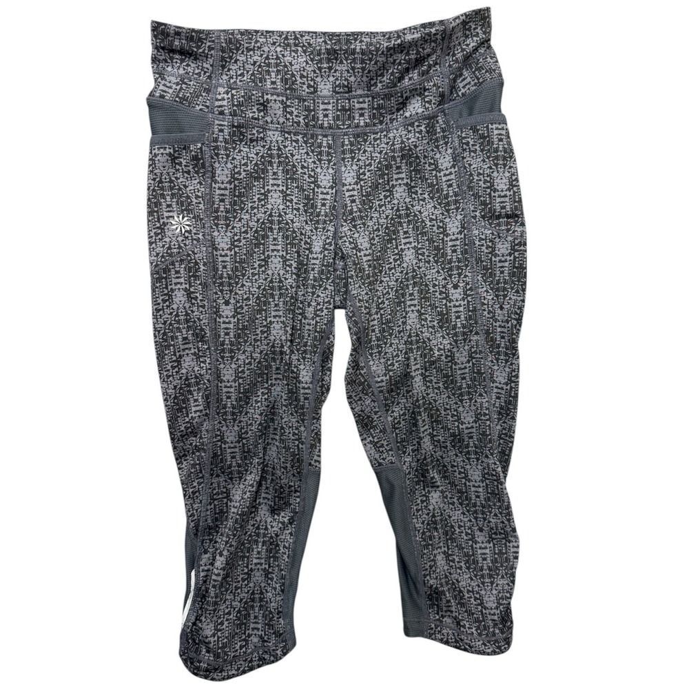 Athleta Black Grey Geometric Cropped Zipper Pocket Athletic Legging Capri. Sz XS